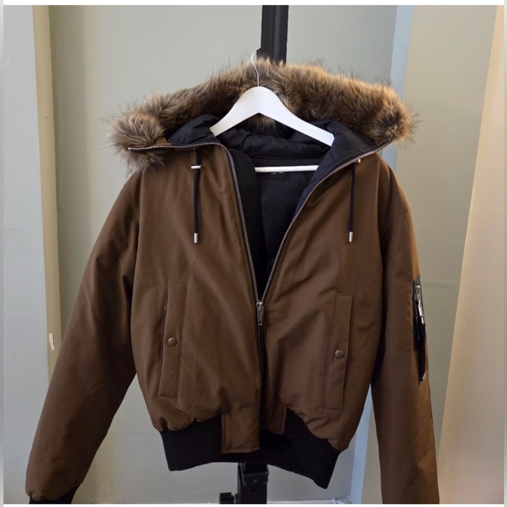 The Kooples Paris Brown Bomber Jacket with Fur Hood